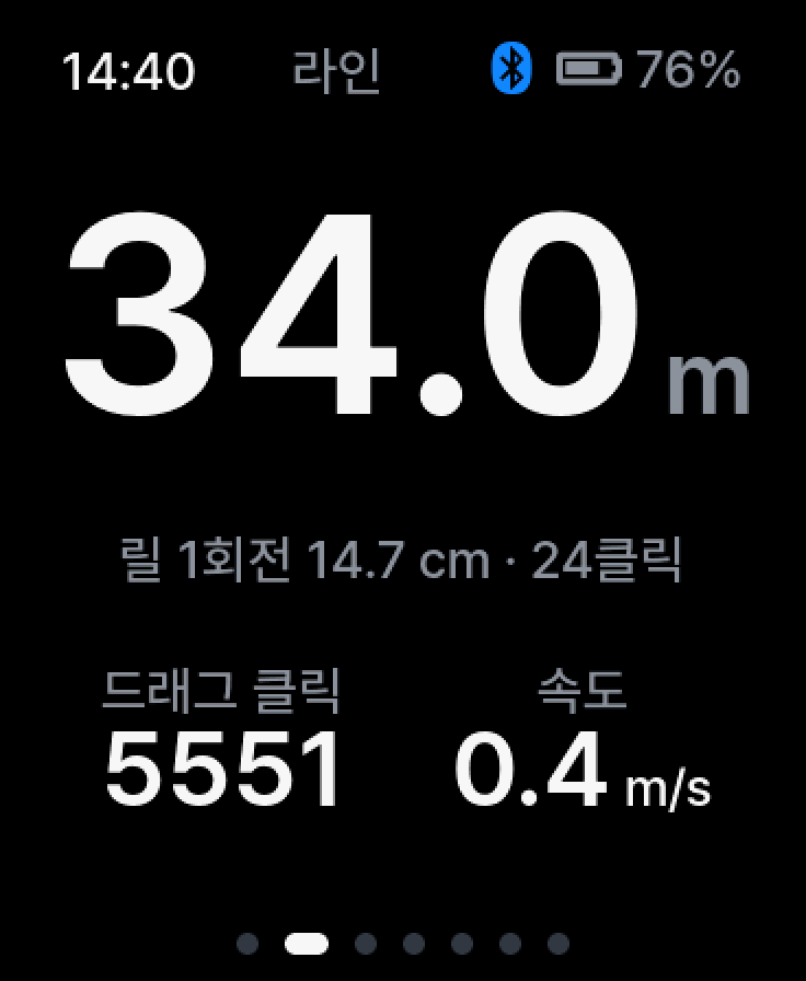 라인 화면. 풀린 라인 34.0 m, 릴 1회전 14.7 cm · 24클릭, 드래그 클릭 5551, 속도 0.4 m/s