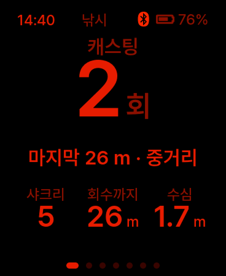 야간 모드 낚시 화면. 모든 글자가 빨간색, 캐스팅 2회, 마지막 26 m · 중거리, 샤크리 5 · 회수까지 26 m